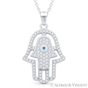 Hamsa Hand Luck Charm CZ Crystal Pave Pendant in .925 Sterling Silver w/ Rhodium